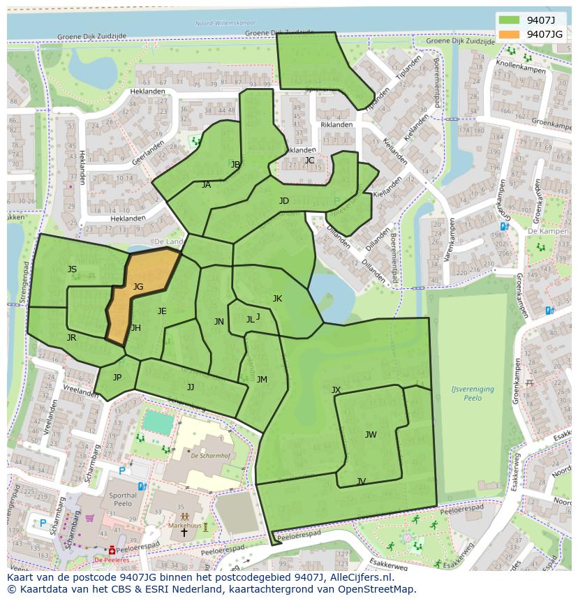 Afbeelding van het postcodegebied 9407 JG op de kaart.