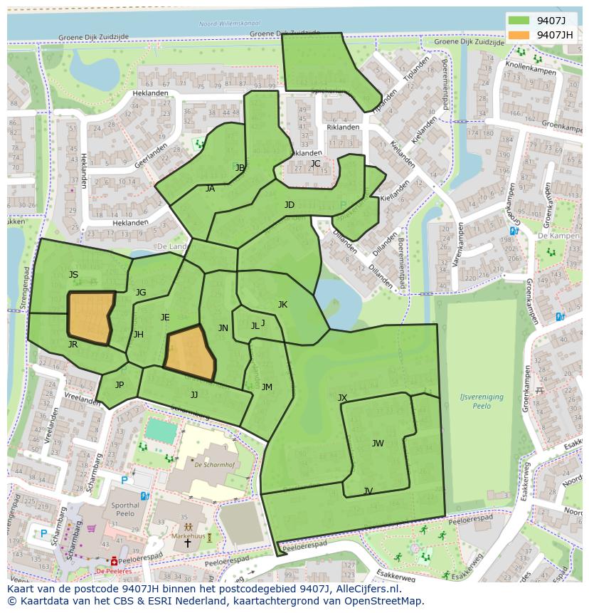 Afbeelding van het postcodegebied 9407 JH op de kaart.