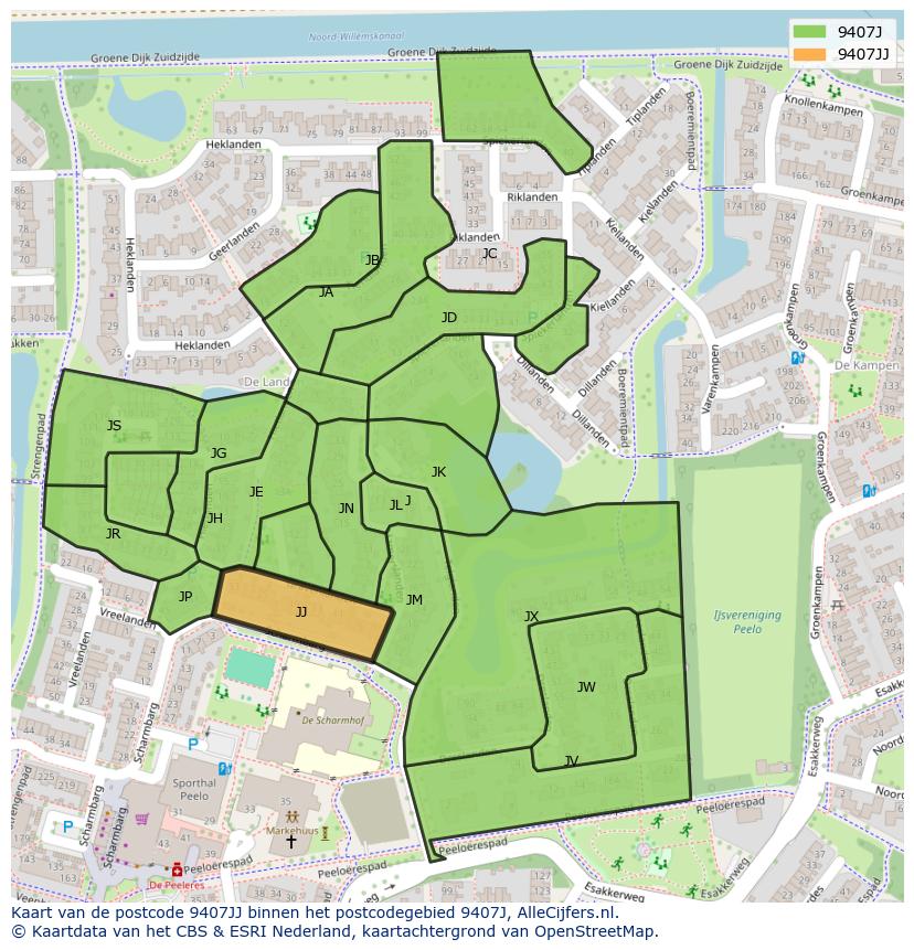 Afbeelding van het postcodegebied 9407 JJ op de kaart.