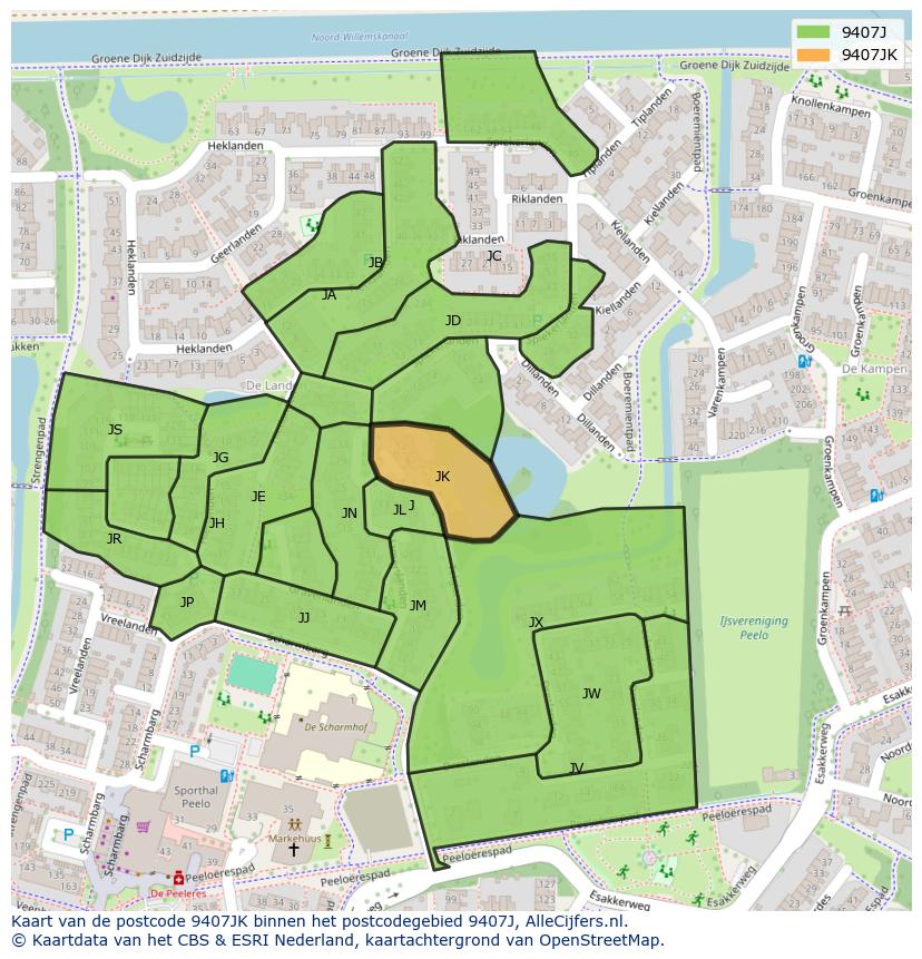 Afbeelding van het postcodegebied 9407 JK op de kaart.