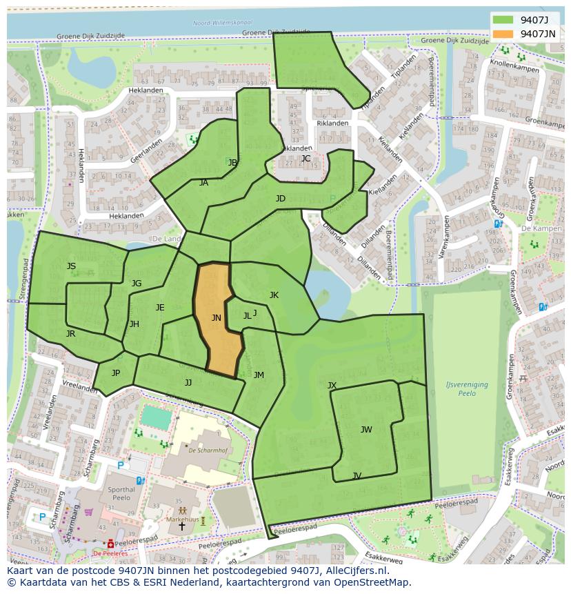 Afbeelding van het postcodegebied 9407 JN op de kaart.