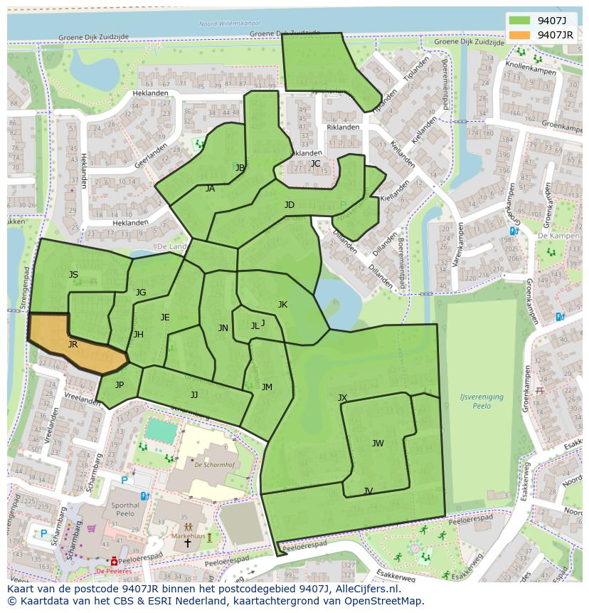 Afbeelding van het postcodegebied 9407 JR op de kaart.