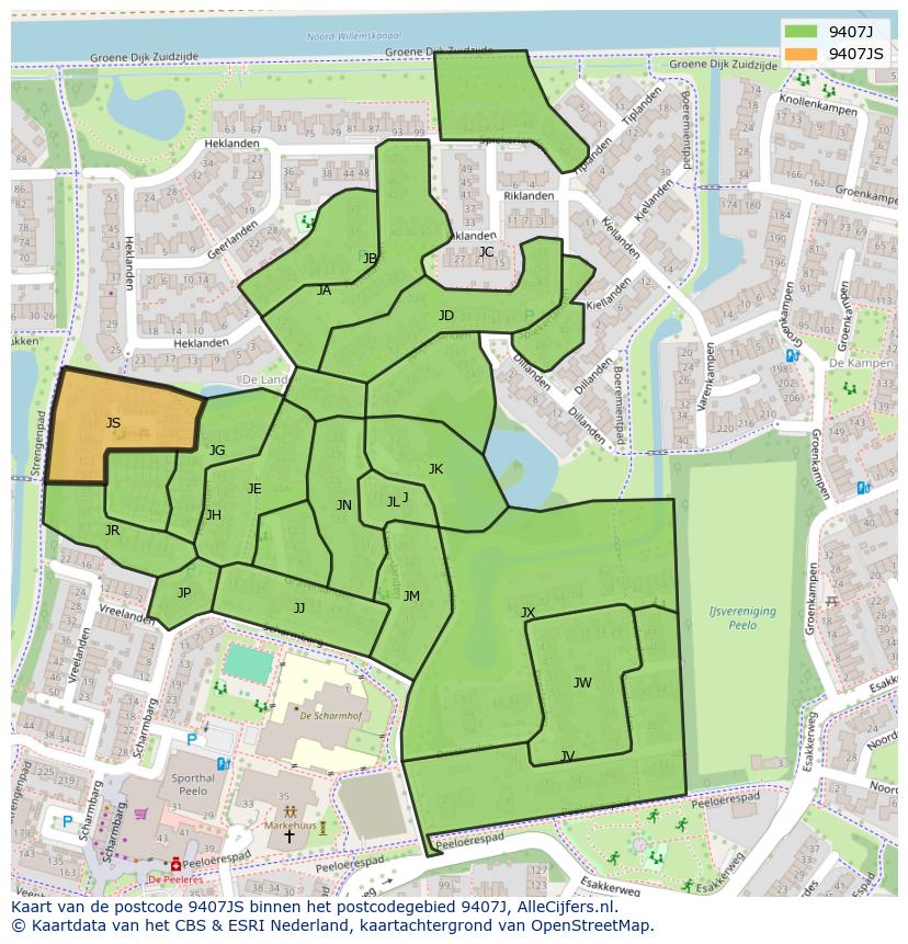 Afbeelding van het postcodegebied 9407 JS op de kaart.