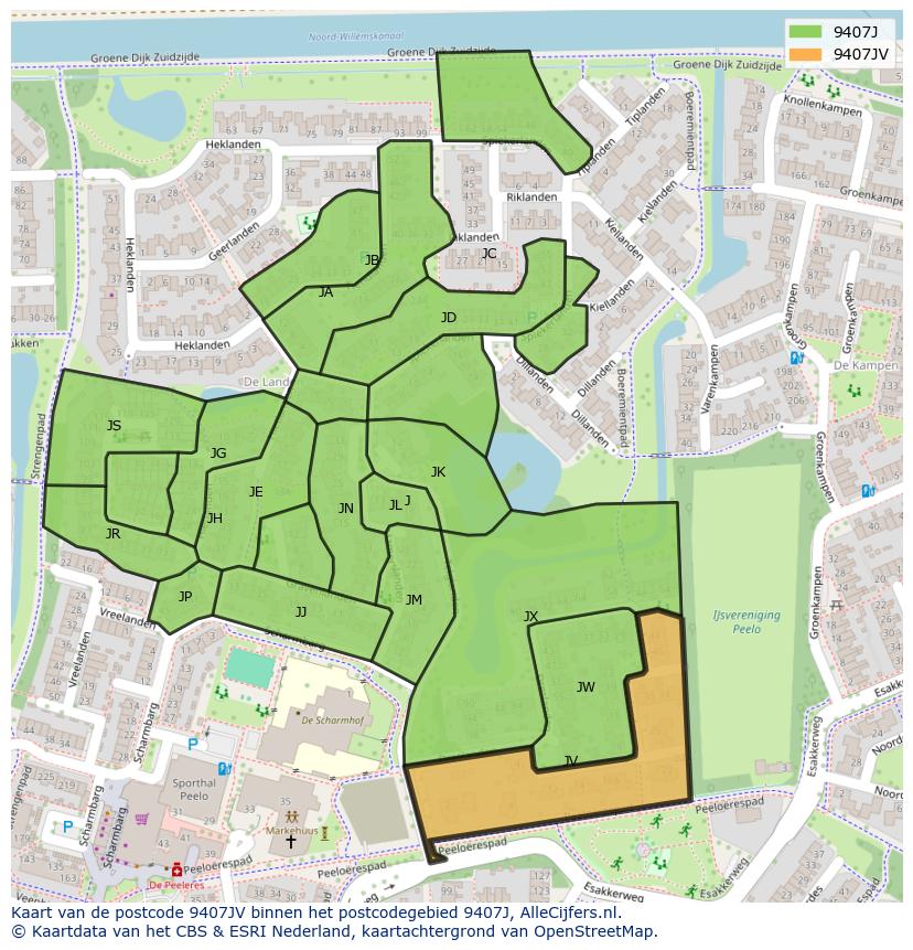 Afbeelding van het postcodegebied 9407 JV op de kaart.