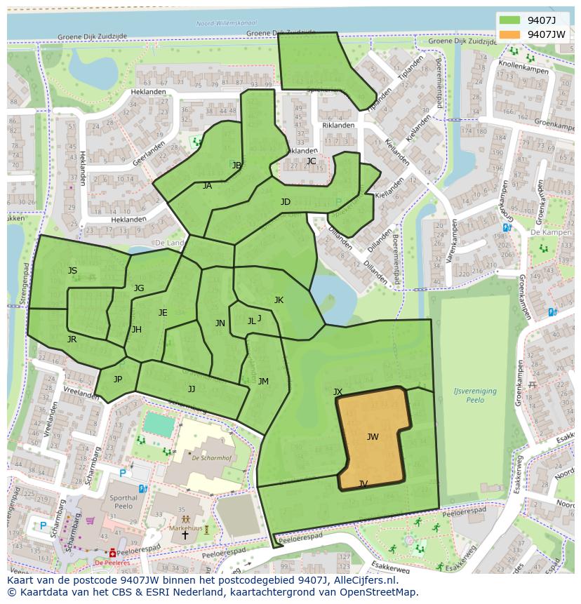 Afbeelding van het postcodegebied 9407 JW op de kaart.
