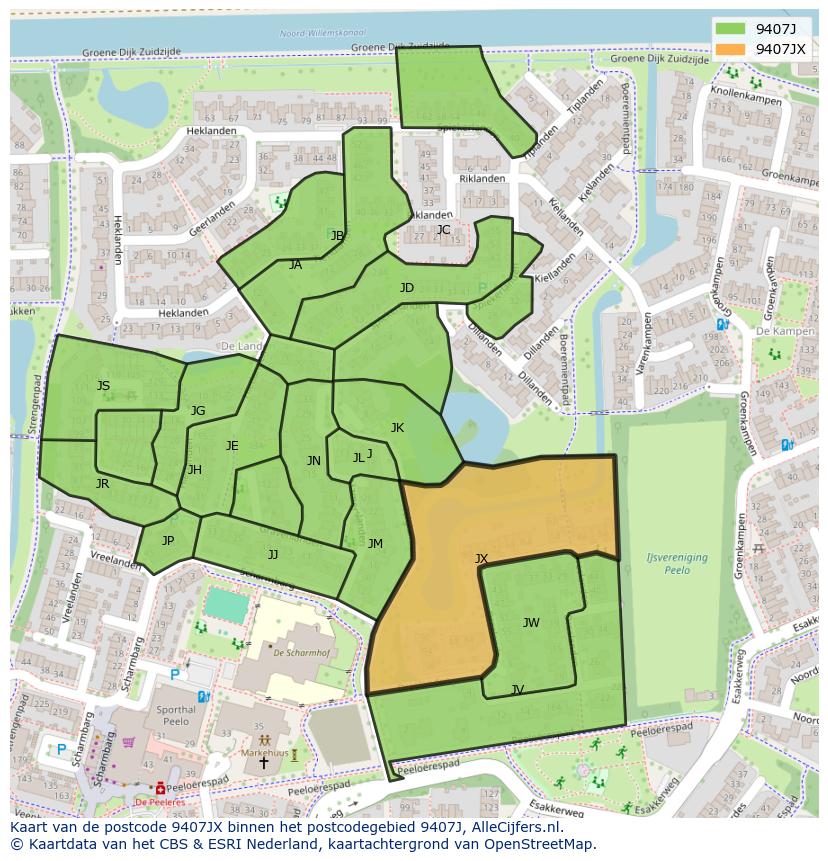 Afbeelding van het postcodegebied 9407 JX op de kaart.