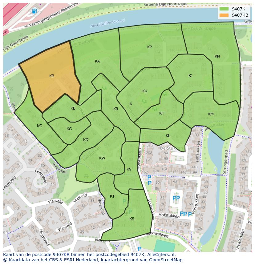 Afbeelding van het postcodegebied 9407 KB op de kaart.