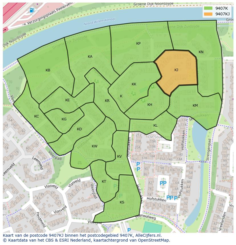 Afbeelding van het postcodegebied 9407 KJ op de kaart.