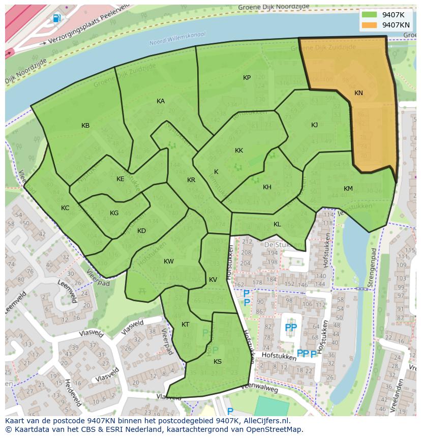Afbeelding van het postcodegebied 9407 KN op de kaart.