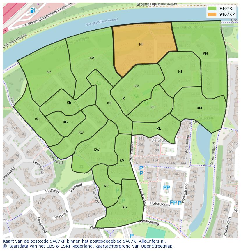 Afbeelding van het postcodegebied 9407 KP op de kaart.