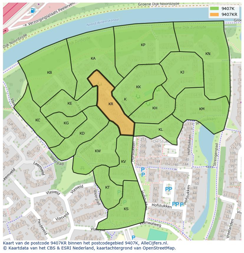 Afbeelding van het postcodegebied 9407 KR op de kaart.