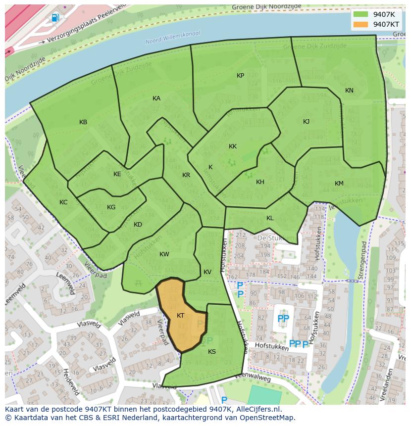 Afbeelding van het postcodegebied 9407 KT op de kaart.
