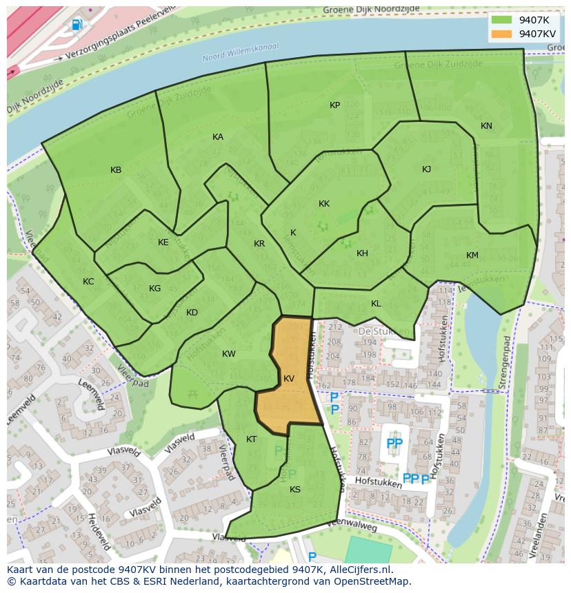 Afbeelding van het postcodegebied 9407 KV op de kaart.