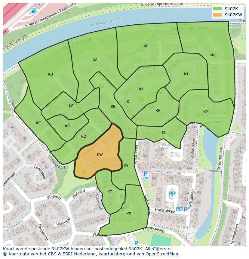 Afbeelding van het postcodegebied 9407 KW op de kaart.