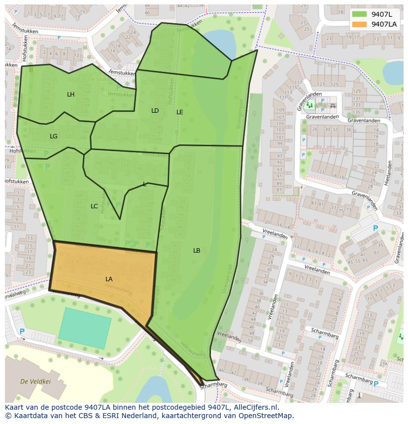 Afbeelding van het postcodegebied 9407 LA op de kaart.
