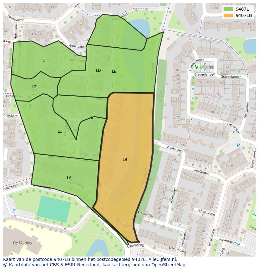 Afbeelding van het postcodegebied 9407 LB op de kaart.