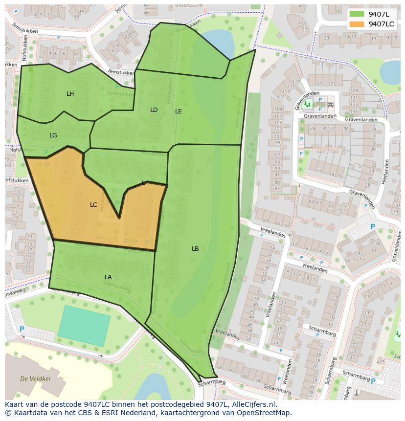 Afbeelding van het postcodegebied 9407 LC op de kaart.