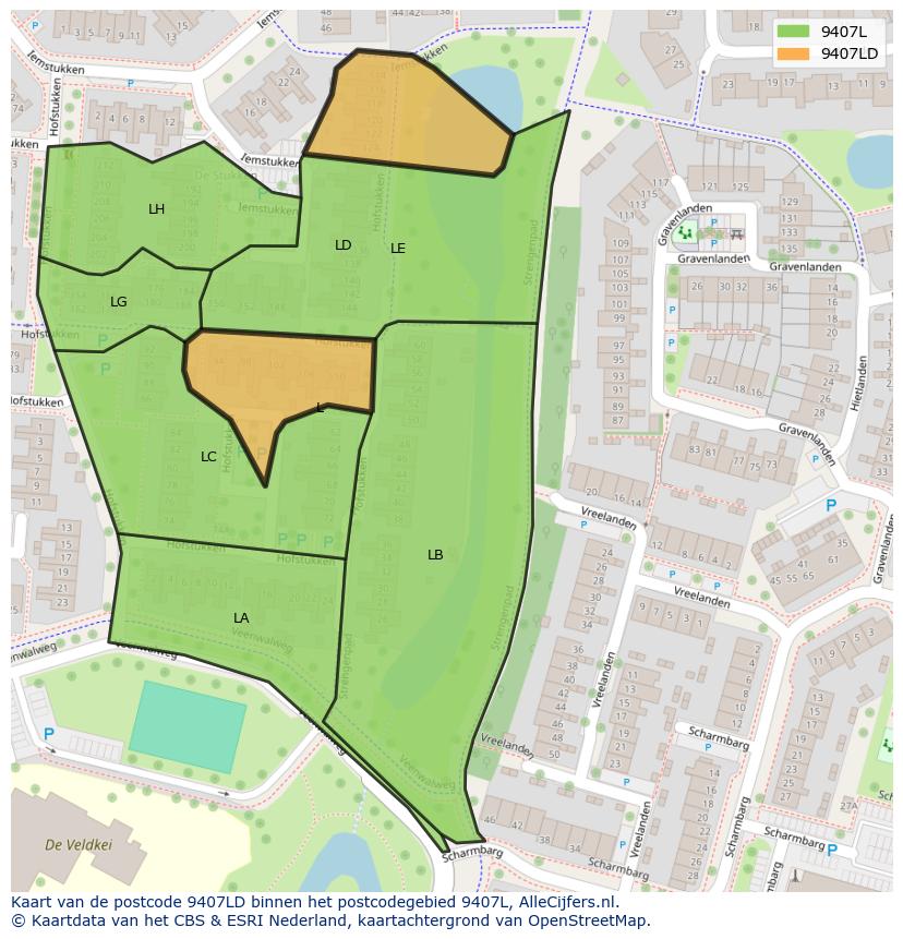 Afbeelding van het postcodegebied 9407 LD op de kaart.