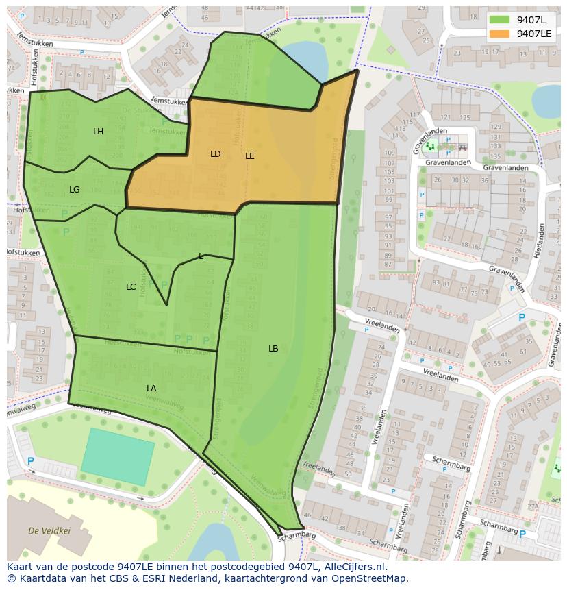 Afbeelding van het postcodegebied 9407 LE op de kaart.