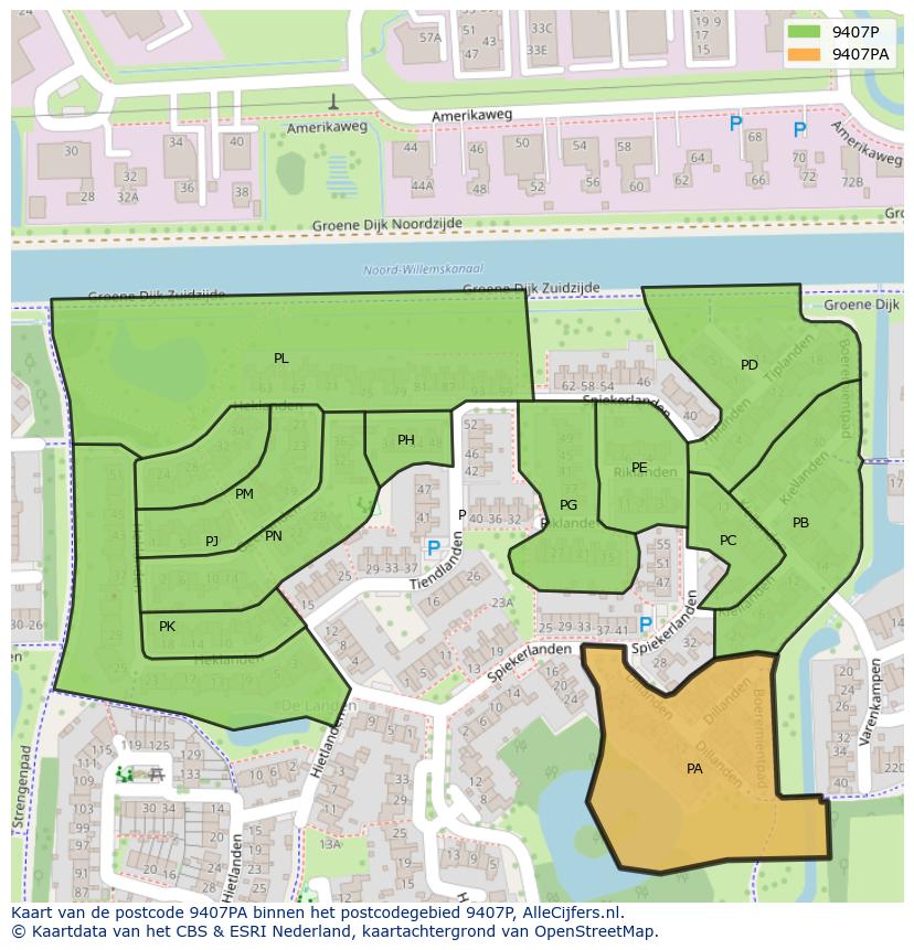 Afbeelding van het postcodegebied 9407 PA op de kaart.