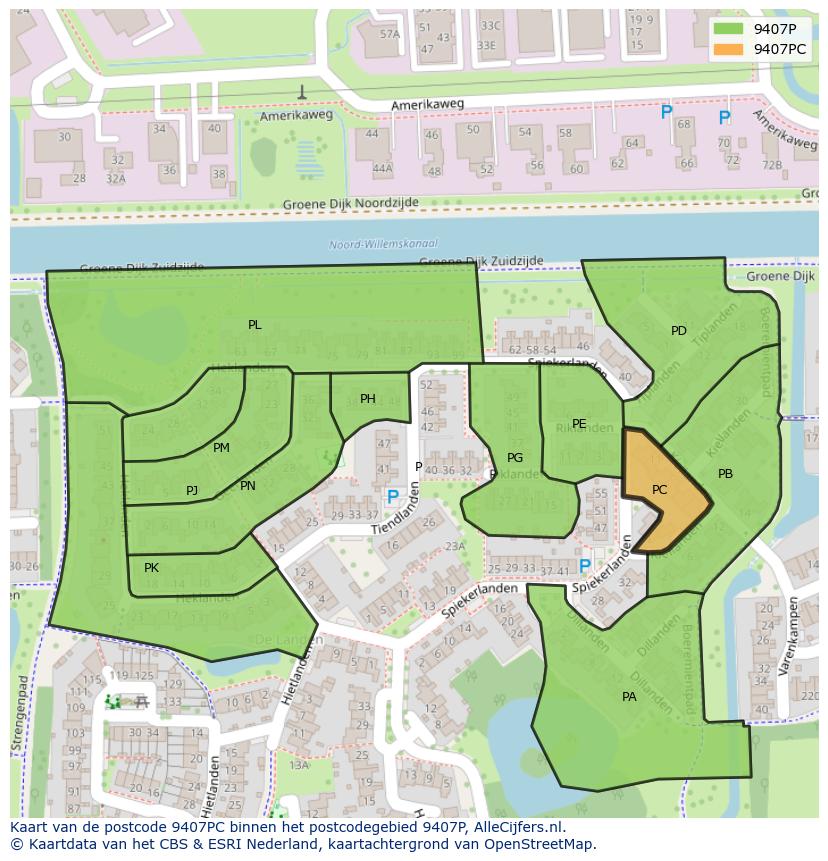 Afbeelding van het postcodegebied 9407 PC op de kaart.