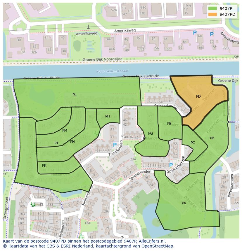 Afbeelding van het postcodegebied 9407 PD op de kaart.