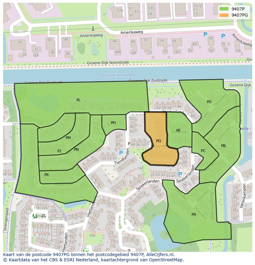 Afbeelding van het postcodegebied 9407 PG op de kaart.