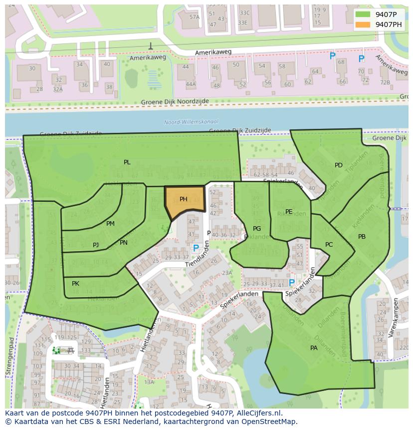 Afbeelding van het postcodegebied 9407 PH op de kaart.