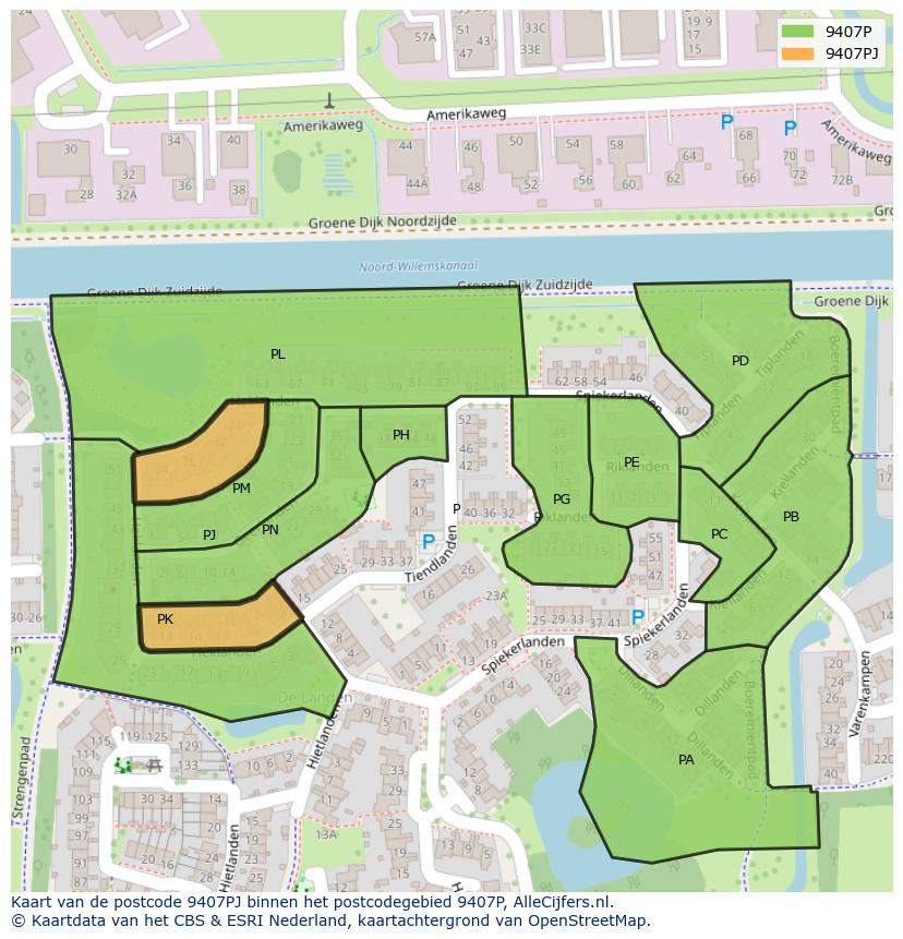 Afbeelding van het postcodegebied 9407 PJ op de kaart.