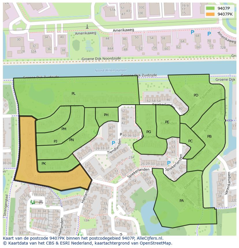 Afbeelding van het postcodegebied 9407 PK op de kaart.