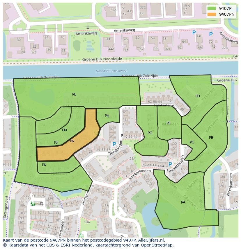 Afbeelding van het postcodegebied 9407 PN op de kaart.