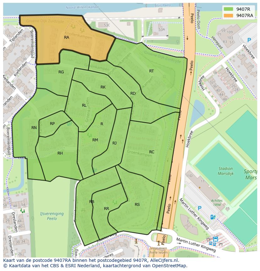 Afbeelding van het postcodegebied 9407 RA op de kaart.