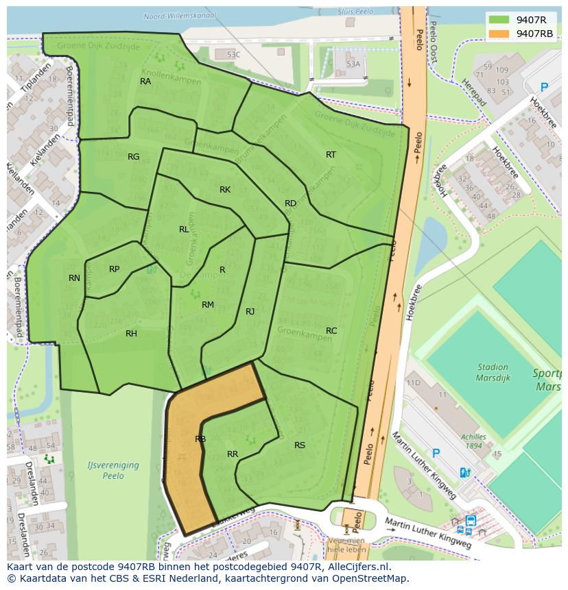 Afbeelding van het postcodegebied 9407 RB op de kaart.