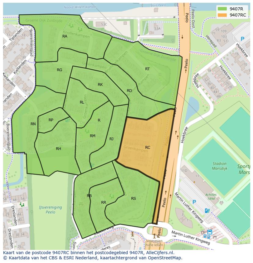 Afbeelding van het postcodegebied 9407 RC op de kaart.
