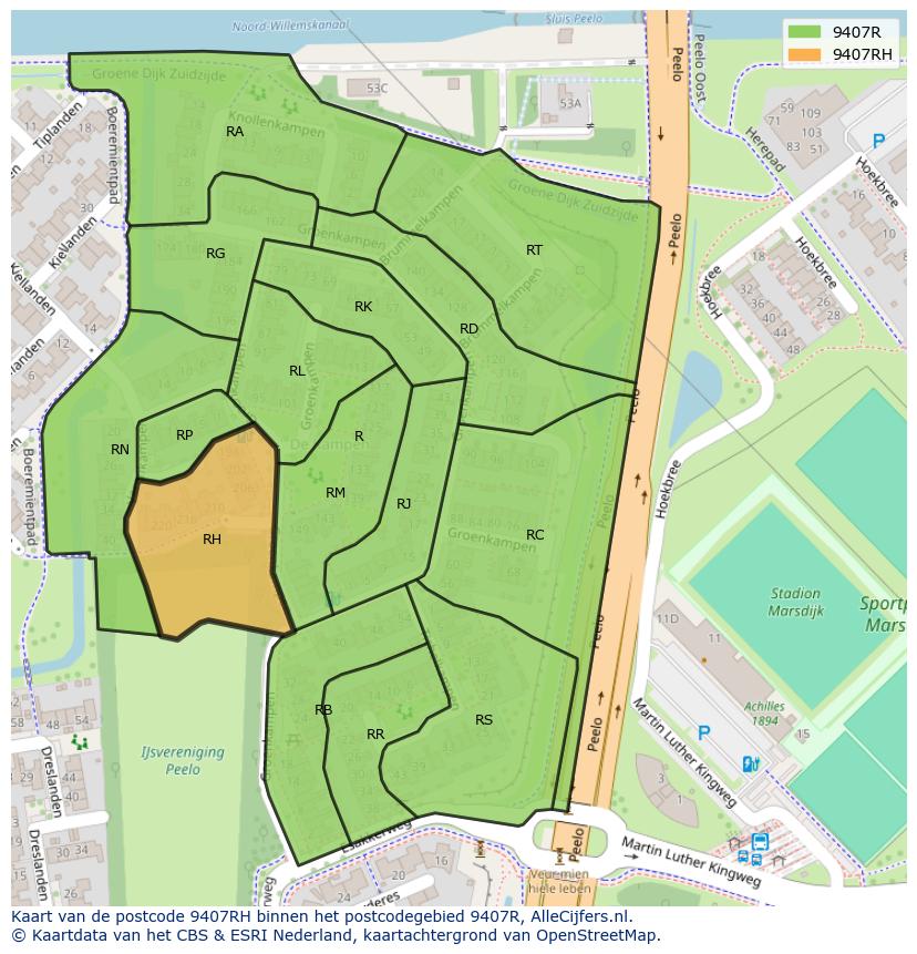 Afbeelding van het postcodegebied 9407 RH op de kaart.