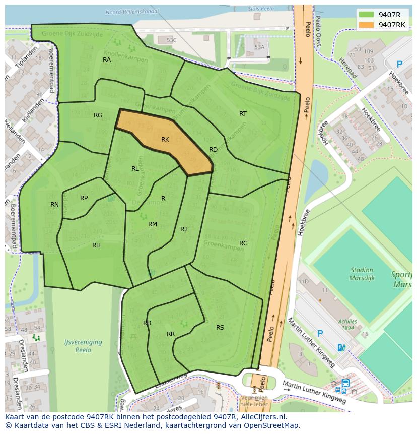 Afbeelding van het postcodegebied 9407 RK op de kaart.