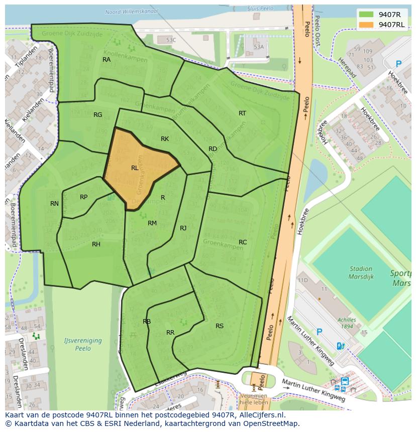 Afbeelding van het postcodegebied 9407 RL op de kaart.