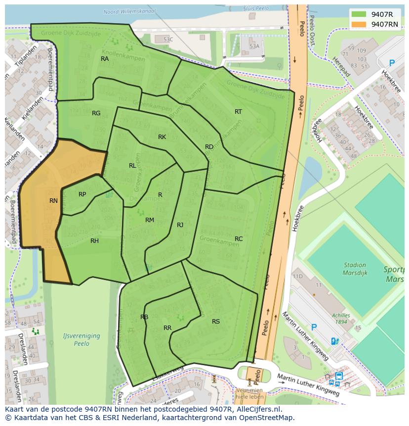Afbeelding van het postcodegebied 9407 RN op de kaart.
