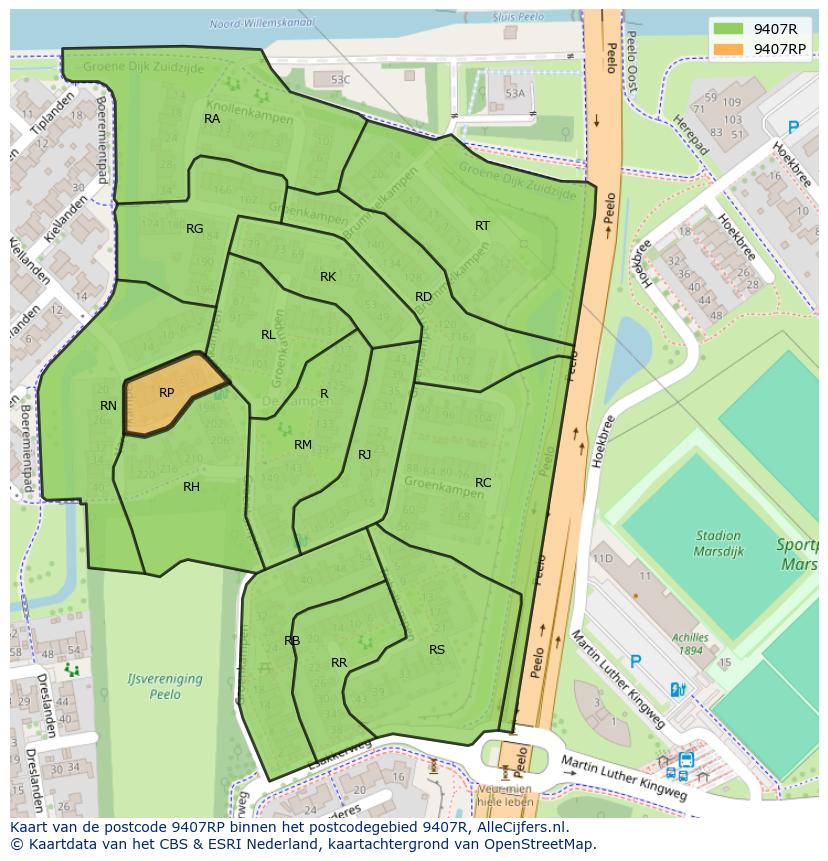 Afbeelding van het postcodegebied 9407 RP op de kaart.
