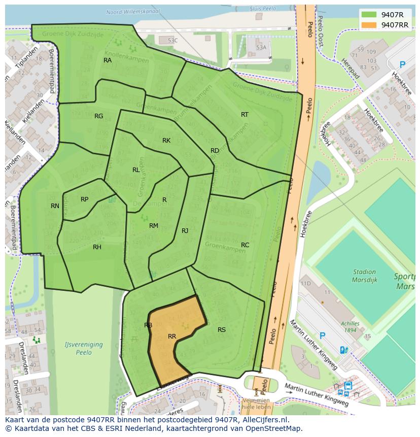 Afbeelding van het postcodegebied 9407 RR op de kaart.