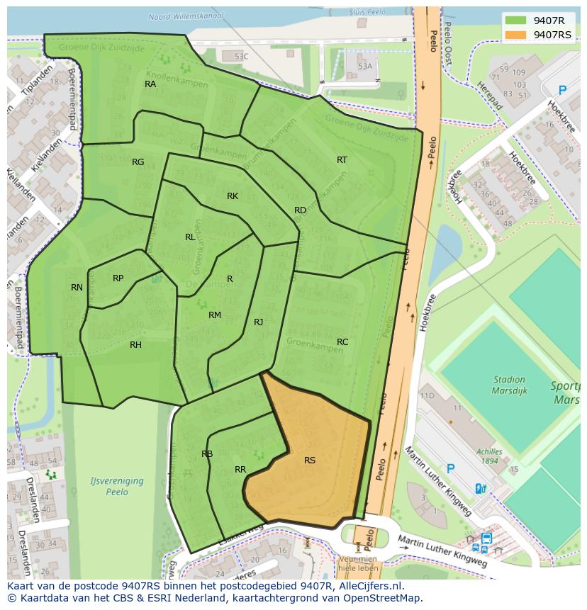 Afbeelding van het postcodegebied 9407 RS op de kaart.