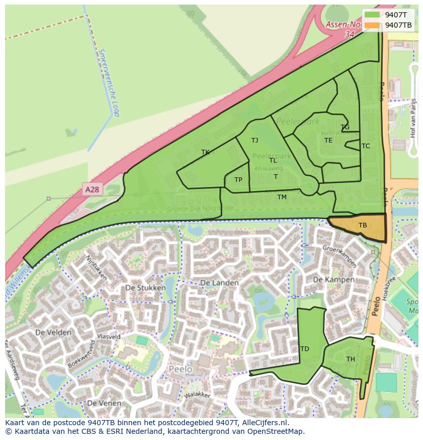 Afbeelding van het postcodegebied 9407 TB op de kaart.