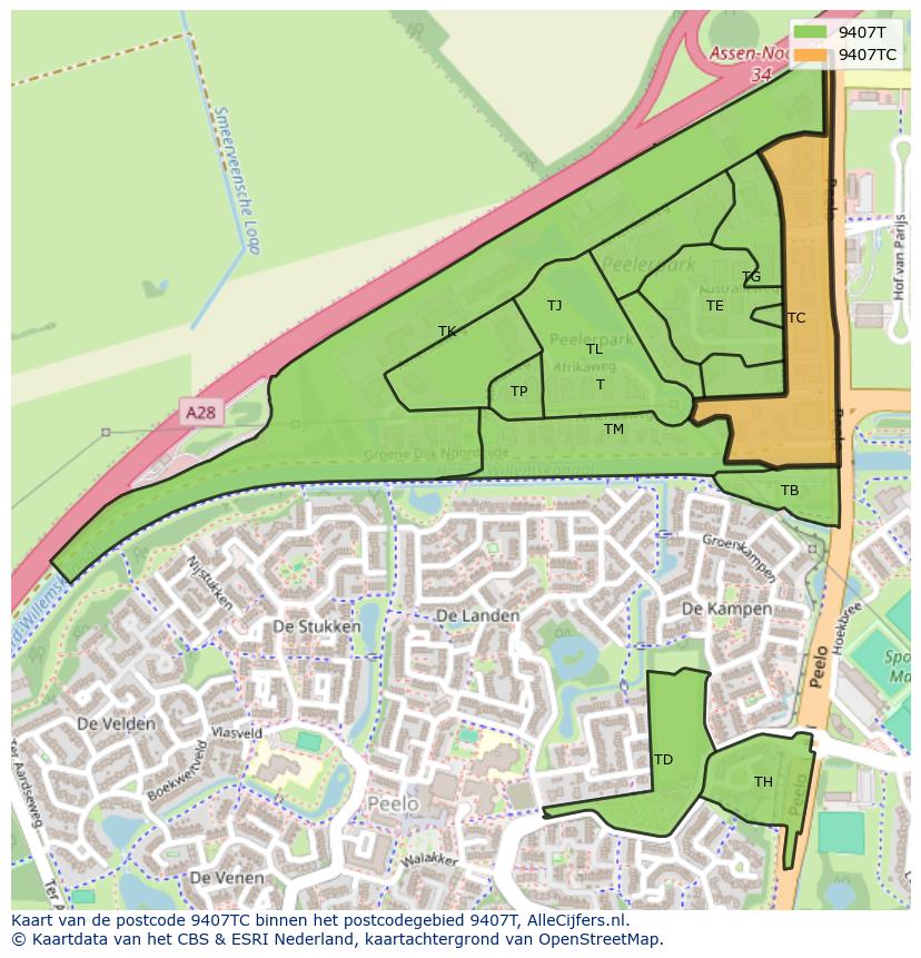 Afbeelding van het postcodegebied 9407 TC op de kaart.