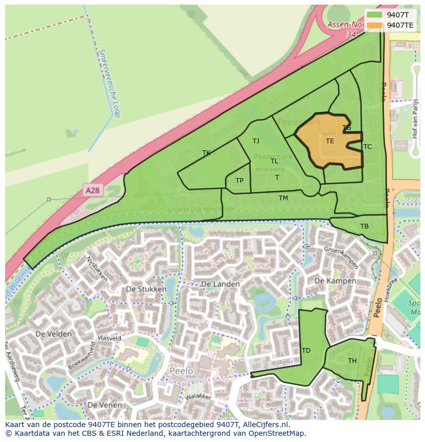 Afbeelding van het postcodegebied 9407 TE op de kaart.