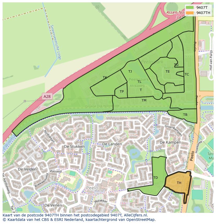 Afbeelding van het postcodegebied 9407 TH op de kaart.
