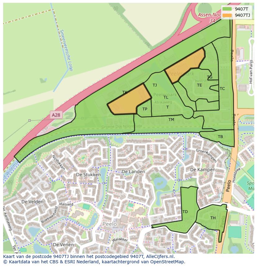 Afbeelding van het postcodegebied 9407 TJ op de kaart.
