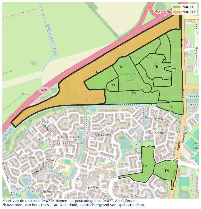 Afbeelding van het postcodegebied 9407 TK op de kaart.