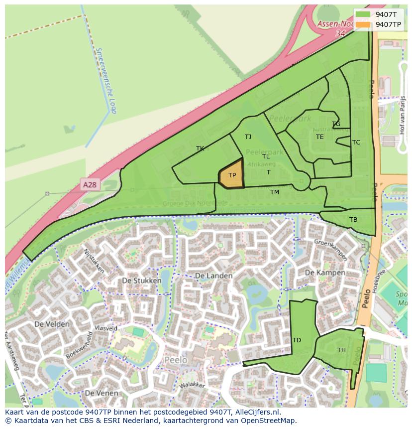Afbeelding van het postcodegebied 9407 TP op de kaart.