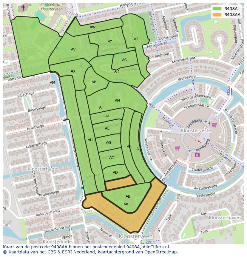 Afbeelding van het postcodegebied 9408 AA op de kaart.