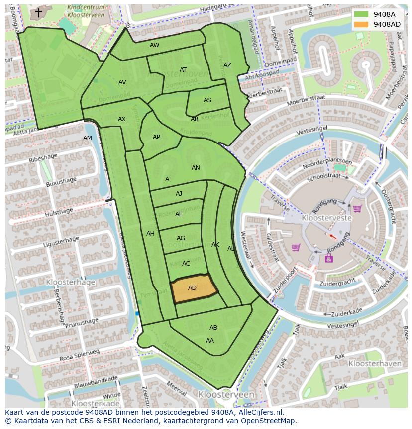 Afbeelding van het postcodegebied 9408 AD op de kaart.